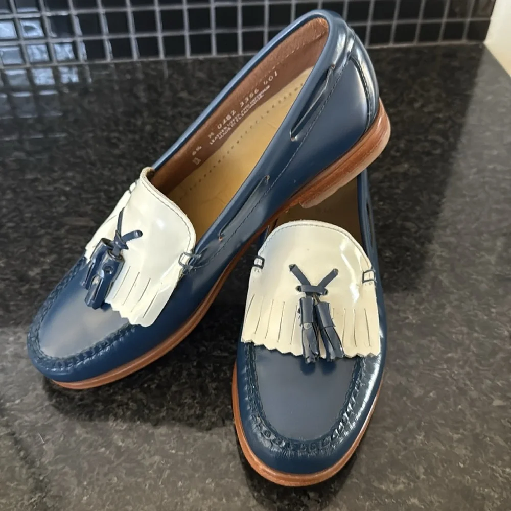 Classic Blue and White Tassel Loafer - Women's Leather Slip-On